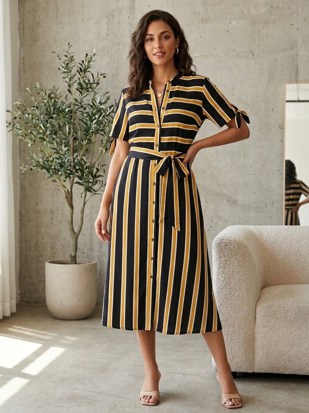 Who What Wear Black and Yellow A-Line Dress with Mandarin Collar
